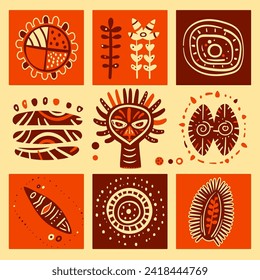 Eye-catching square card, banner, background, flyer, placard with ethnic ornaments. Gift tag, label or poster template with african tribal motifs. Vector illustration EPS8