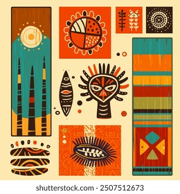 Eye-catching square card, banner, background, flyer, placard with ethnic ornaments. Gift tag, label or poster template with african tribal motifs. Vector illustration EPS8