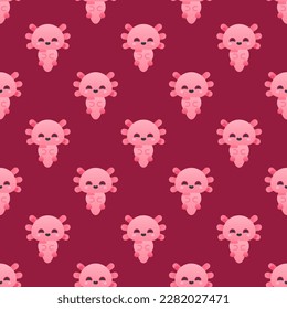 Eye-catching square tile with a cheerful animal print. Seamless pattern with axolotl on deep carmine background. Design for magazines with photos of different animals.