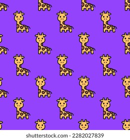 Eye-catching square tile with a cheerful animal print. Seamless pattern with giraffe on lavender indigo background. Design for a notebook with an animal illustration.