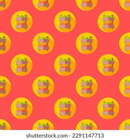 Eye-catching square tile with a cheerful food print. Seamless pattern with shelves on red-orange background. Design for a paisley pattern.