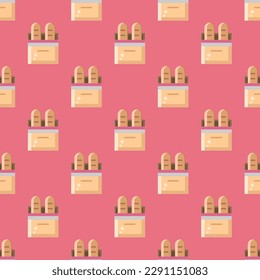 Augfangene quadratische Kachel mit einem fröhlichen Lebensmitteldruck. Nahtloses Muster mit Brot auf persischem indigoem Hintergrund. Design für ein Wandgemälde. 