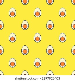Eye-catching square tile with a cheerful food print. Seamless pattern with egg on oxford blue background. Design for a modern print.