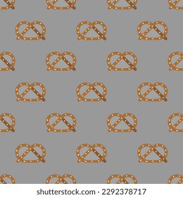 Eye-catching square tile displaying a delightful food image. Seamless pattern with pretzel on dark gray background. Design for a mosaic pattern.