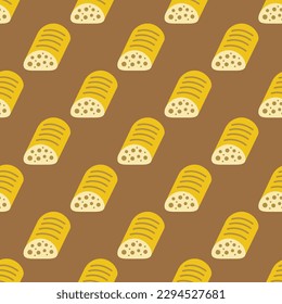 Eye-catching square tile with a jolly food artwork. Seamless pattern with ciabatta on rose vale background. Design for books to create a visually appealing layout.