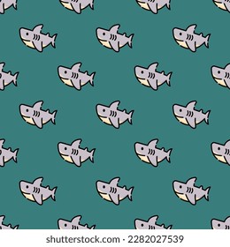 Eye-catching square tile showcasing a fantastic animal image. Seamless pattern with shark on celadon green background. Design for a wall mural with an animal motif.
