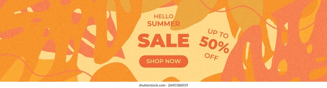Eye-catching summer banner template with abstract elements, tropical leaves and summer sale text. For summer offers, tropical sales, and online summer campaigns