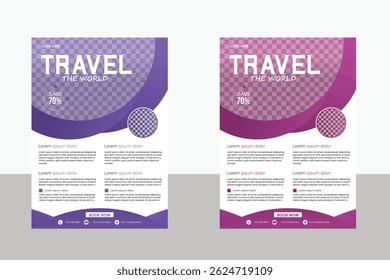 Folheto de viagem atraente em roxo e azul. Perfeito para promover passeios, planos de seguro e ofertas de viagens exclusivas.