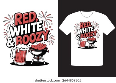 Eye-catching t-shirt design showcasing 'Red, White and Boozy' text with fireworks, plus a BBQ grill with sausages and a beer mug, ready for Fourth of July.