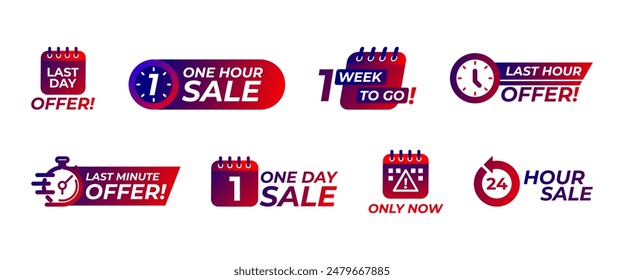 Eye-catching vector badges and stickers for countdown sales and promotional events. Includes isolated icons for 24-hour offers and best deals. Perfect for retail marketing and business advertisements.