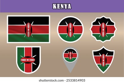 Llamativo Vector de la Bandera Nacional de Kenia, con rayas negras, rojas y verdes con un llamativo escudo masái. ¡Ideal para proyectos patrióticos y culturales!