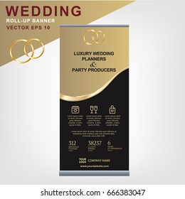 Eye-catching wedding planning event company black and gold colors roll-up banner with  golden wave vector template.