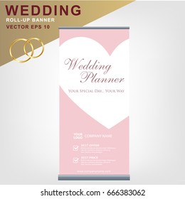 Eye-catching wedding planning event company light pink color roll-up banner with white heart text box vector template.