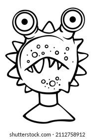 Eyed funny fantastic monster alien - vector linear picture for coloring. Outline. Creature with big eyes covered with pimples for a coloring book