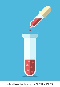 Eyedropper and blood drop falling into glass test tube. Blood test, analysis, research, diagnosis, health care concept. EPS 8 vector illustration, no transparency