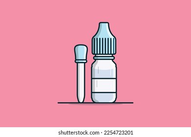 Eyedropper mit Flasche, Vektorgrafik. Konzept des Gesundheits- und Medizinobjektes Flaschen für medizinische Produkte, Flüssigkeit aus dem Damm, Augentropfen, medizinische Flasche, Vektordesign mit Schatten.