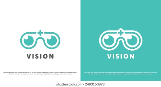 Eyeglass clinic logo design illustration. Silhouette of eye sight therapy healing health eye doctor myopic vision. Geometric abstract minimal simple flat plus icon symbol.