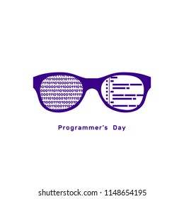 Eyeglass frame, binary code, programmer's day, vector illustration flat