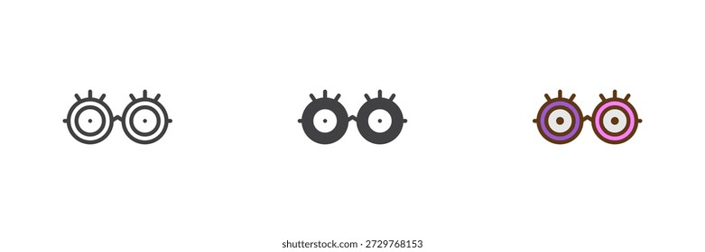 Conjunto de iconos de estilo diferente de accesorios para gafas. Línea, sólido y lleno contorno colorido icono para disfraz o traje de fiesta. Signo de Vector de gafas de visión e ícono de símbolo.