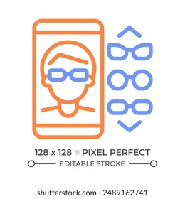 Eyeglasses app two color line icon. Glasses try on. Virtual eyewear shopping. Assortment of glasses bicolor outline symbol. Duotone linear pictogram. Isolated illustration. Editable stroke