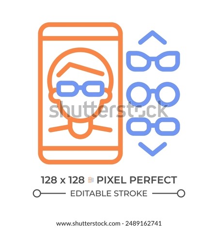 Eyeglasses app two color line icon. Glasses try on. Virtual eyewear shopping. Assortment of glasses bicolor outline symbol. Duotone linear pictogram. Isolated illustration. Editable stroke