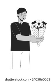 Eyeglasses arab man gifting bouquet flowers black and white 2D line cartoon character. Middle eastern adult male isolated vector outline person. Flower shop client monochromatic flat spot illustration
