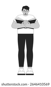 Eyeglasses arab man intently reading open book 2D line character. Standing glasses guy holding novel with concentrated expression isolated vector ink outline person. Monochromatic spot illustration