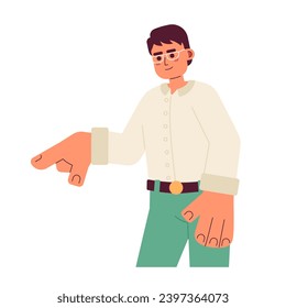 Eyeglasses asian adult man reveal forefinger 2D cartoon character. Glasses japanese guy isolated vector person white background. Korean male showing direction gesture color flat spot illustration