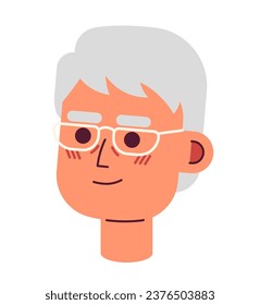 Eyeglasses asian elderly man 2D vector avatar illustration. Korean senior man cartoon character face. Japanese old male portrait. Middle-aged person flat color user profile image isolated on white