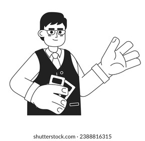 Eyeglasses asian male movie theatre employee black and white 2D cartoon character. Man attendant holding tickets isolated vector outline person. Theater usher monochromatic flat spot illustration