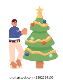 Eyeglasses asian man decorating Christmas tree 2D cartoon character. Japanese guy hanging bauble on spruce isolated vector person white background. Xmas preparation color flat spot illustration