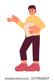 Eyeglasses asian man reading documents 2D cartoon character. Male korean lecturer isolated vector person white background. Adult college professor holding paperwork color flat spot illustration