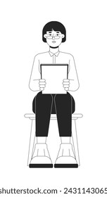 Eyeglasses asian woman job applicant black and white 2D line cartoon character. Corporate korean female isolated vector outline person. Professional workplace monochromatic flat spot illustration