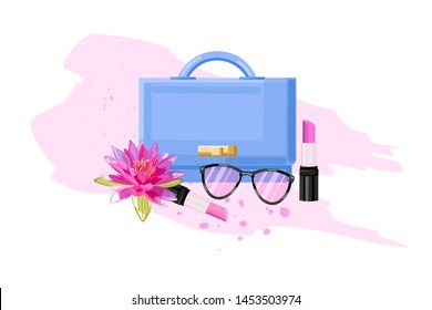 Eyeglasses, bag and lipstick vector flat style. Women essential cosmetic brochure poster icon template