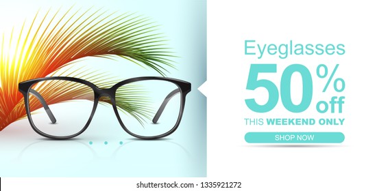 Eyeglasses banner concept with palm leaves. Summer discount banner.