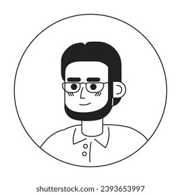 Eyeglasses bearded asian man relaxed standing black and white 2D vector avatar illustration. Cheerful mature male outline cartoon character face isolated. Confident headshot posing flat portrait