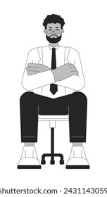 Eyeglasses bearded black male job candidate black and white 2D line cartoon character. Crossed arms african american man isolated vector outline person. Worker monochromatic flat spot illustration