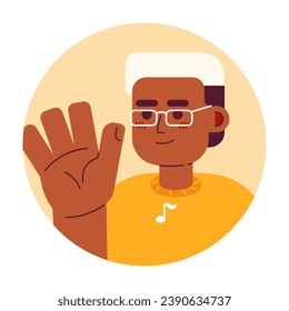 Eyeglasses black guy waving hand greeting 2D vector avatar illustration. Handwave bleached hair african american man cartoon character face. Welcome flat color user profile image isolated on white