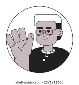 Eyeglasses black guy waving hand greeting black and white 2D vector avatar illustration. Handwave bleached hair african american man outline cartoon character face isolated. Welcome flat portrait