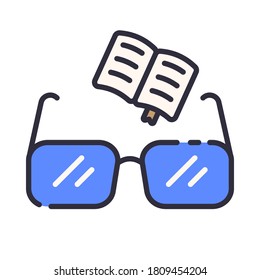 Anteojos y libro para lectura, biblioteca, librería y estudio de elementos, etc