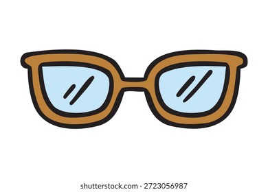Gafas en marco marrón, icono de lectura, doodle escolar colorido, dibujado a mano. Ilustración vectorial.
