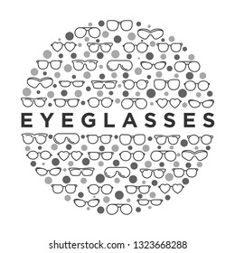 Eyeglasses concept in circle with thin line icons: sunglasses, sport glasses, rectangular, aviator, wayfarer, round, square, cat eye, oval, extravagant, big size. Vector illustration for print media.