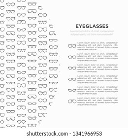 Eyeglasses concept with thin line icons: sunglasses, sport glasses, rectangular, aviator, wayfarer, round, square, cat eye, oval, extravagant, big size. Vector illustration for banner, print media.