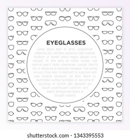 Eyeglasses concept with thin line icons: sunglasses, sport glasses, rectangular, aviator, round, square, cat eye, oval, extravagant, big size. Vector illustration for banner, print media.