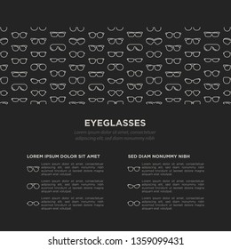 Eyeglasses concept with thin line icons: sunglasses, sport glasses, rectangular, aviator, wayfarer, round, square, cat eye, oval, extravagant. Modern vector illustration for print media, banner.