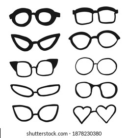 Eyeglasses of different shapes in doodle black and white style. Vector hand drawn cartoon doodle style illustration in shape of glasses frame set collection