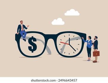 Eyeglasses with dollar sign and time running clock. Time is money, financial freedom, investing, saving. Flat vector illustration