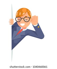 Eyeglasses Eavesdropping Ear Hand Listen Overhear Spy Out Corner Cartoon Businessman Male Isolated Character Flat Design Vector Illustration