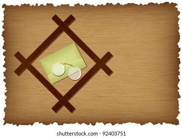 Eyeglasses and an envelope in frame on grunge hatching background