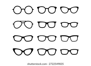 Gafas, monturas de gafas, gafas ópticas, gafas, monturas de gafas icono diseño colección con silueta, estilo sólido para la moda, médico y visual. Ilustración vectorial.